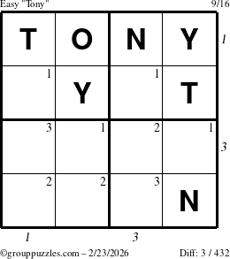 The grouppuzzles.com Easy Tony puzzle for Monday February 23, 2026 with all 3 steps marked