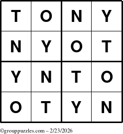 The grouppuzzles.com Answer grid for the Tony puzzle for Monday February 23, 2026