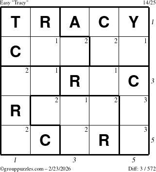 The grouppuzzles.com Easy Tracy puzzle for Monday February 23, 2026, suitable for printing, with all 3 steps marked