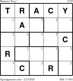 The grouppuzzles.com Medium Tracy puzzle for Monday February 23, 2026 with the first 3 steps marked