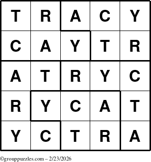 The grouppuzzles.com Answer grid for the Tracy puzzle for Monday February 23, 2026