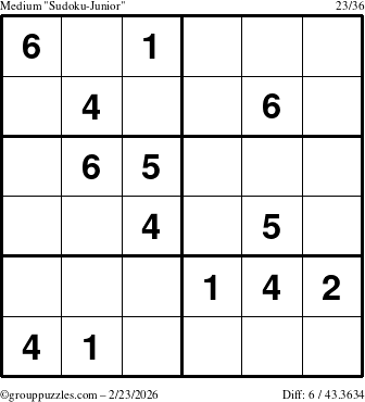 The grouppuzzles.com Medium Sudoku-Junior puzzle for Monday February 23, 2026
