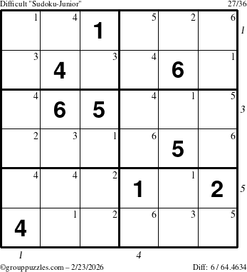 The grouppuzzles.com Difficult Sudoku-Junior puzzle for Monday February 23, 2026, suitable for printing, with all 6 steps marked