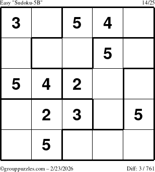 The grouppuzzles.com Easy Sudoku-5B puzzle for Monday February 23, 2026