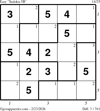 The grouppuzzles.com Easy Sudoku-5B puzzle for Monday February 23, 2026, suitable for printing, with all 3 steps marked