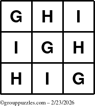 The grouppuzzles.com Answer grid for the TicTac-GHI puzzle for Monday February 23, 2026