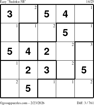 The grouppuzzles.com Easy Sudoku-5B puzzle for Monday February 23, 2026 with the first 3 steps marked