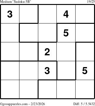 The grouppuzzles.com Medium Sudoku-5B puzzle for Monday February 23, 2026