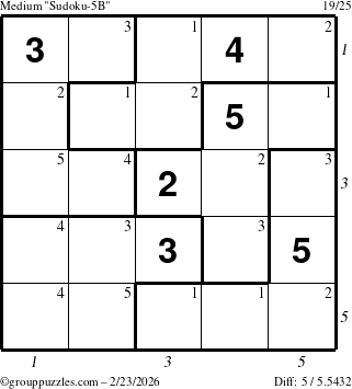 The grouppuzzles.com Medium Sudoku-5B puzzle for Monday February 23, 2026 with all 5 steps marked