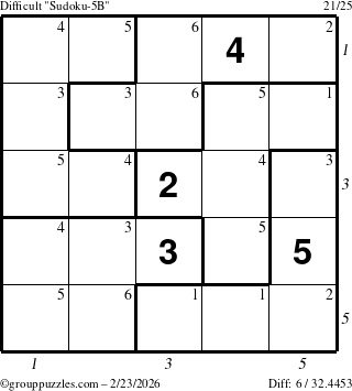 The grouppuzzles.com Difficult Sudoku-5B puzzle for Monday February 23, 2026, suitable for printing, with all 6 steps marked