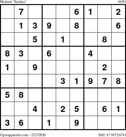 The grouppuzzles.com Medium Sudoku puzzle for Monday February 23, 2026