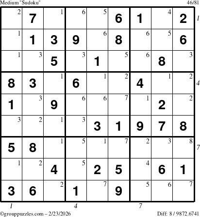 The grouppuzzles.com Medium Sudoku puzzle for Monday February 23, 2026, suitable for printing, with all 8 steps marked
