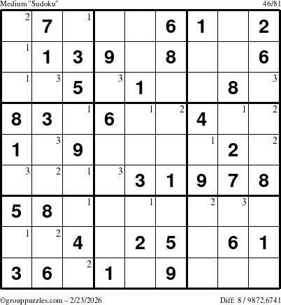 The grouppuzzles.com Medium Sudoku puzzle for Monday February 23, 2026 with the first 3 steps marked