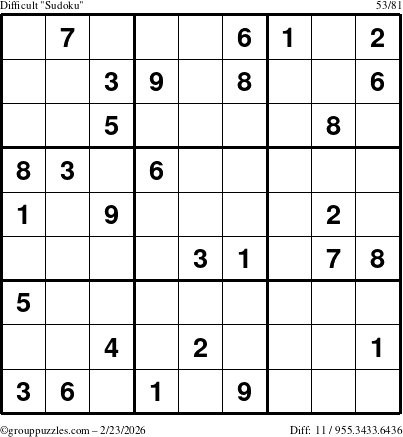 The grouppuzzles.com Difficult Sudoku puzzle for Monday February 23, 2026