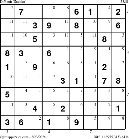 The grouppuzzles.com Difficult Sudoku puzzle for Monday February 23, 2026 with all 11 steps marked