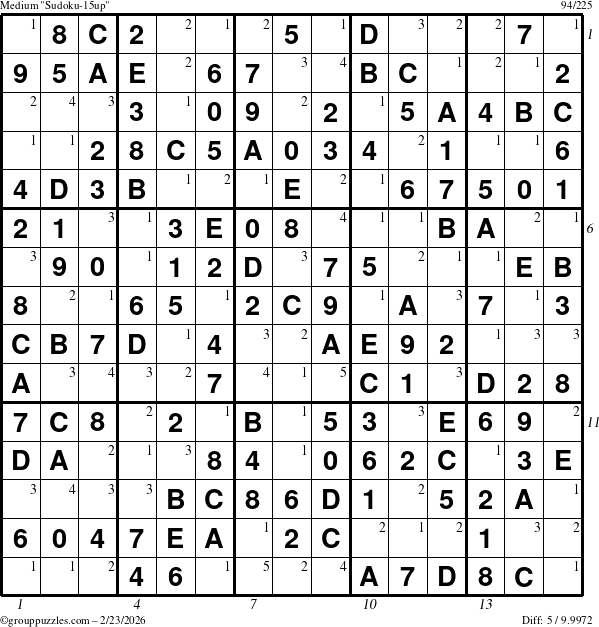 The grouppuzzles.com Medium Sudoku-15up puzzle for Monday February 23, 2026, suitable for printing, with all 5 steps marked