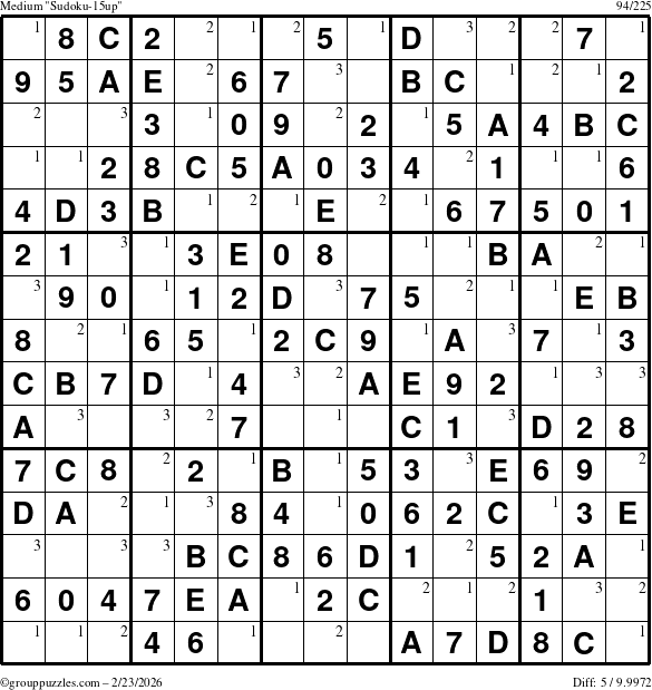 The grouppuzzles.com Medium Sudoku-15up puzzle for Monday February 23, 2026 with the first 3 steps marked