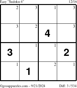 The grouppuzzles.com Easy Sudoku-4 puzzle for Saturday September 21, 2024 with the first 3 steps marked