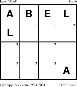 The grouppuzzles.com Easy Abel puzzle for Saturday September 21, 2024 with the first 3 steps marked