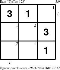 The grouppuzzles.com Easy TicTac-123 puzzle for Saturday September 21, 2024 with all 2 steps marked