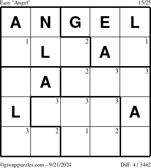 The grouppuzzles.com Easy Angel puzzle for Saturday September 21, 2024 with the first 3 steps marked