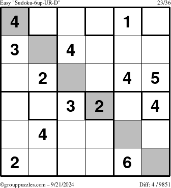 The grouppuzzles.com Easy Sudoku-6up-UR-D puzzle for Saturday September 21, 2024