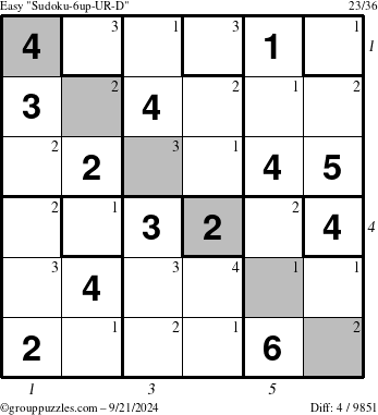 The grouppuzzles.com Easy Sudoku-6up-UR-D puzzle for Saturday September 21, 2024 with all 4 steps marked