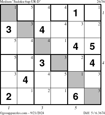 The grouppuzzles.com Medium Sudoku-6up-UR-D puzzle for Saturday September 21, 2024 with all 5 steps marked