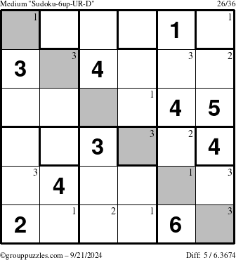 The grouppuzzles.com Medium Sudoku-6up-UR-D puzzle for Saturday September 21, 2024 with the first 3 steps marked