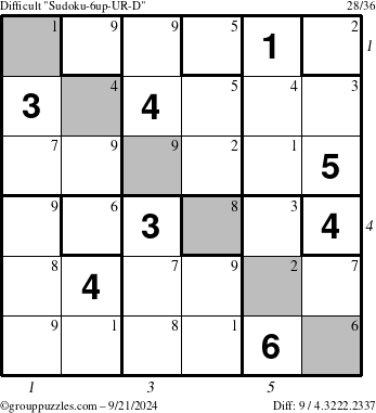 The grouppuzzles.com Difficult Sudoku-6up-UR-D puzzle for Saturday September 21, 2024 with all 9 steps marked