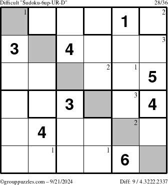 The grouppuzzles.com Difficult Sudoku-6up-UR-D puzzle for Saturday September 21, 2024 with the first 3 steps marked