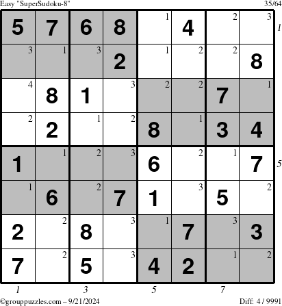 The grouppuzzles.com Easy SuperSudoku-8 puzzle for Saturday September 21, 2024 with all 4 steps marked