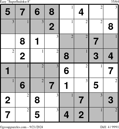 The grouppuzzles.com Easy SuperSudoku-8 puzzle for Saturday September 21, 2024 with the first 3 steps marked