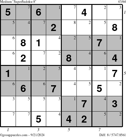 The grouppuzzles.com Medium SuperSudoku-8 puzzle for Saturday September 21, 2024 with all 8 steps marked