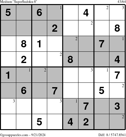 The grouppuzzles.com Medium SuperSudoku-8 puzzle for Saturday September 21, 2024 with the first 3 steps marked