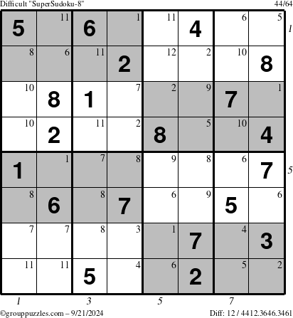 The grouppuzzles.com Difficult SuperSudoku-8 puzzle for Saturday September 21, 2024 with all 12 steps marked