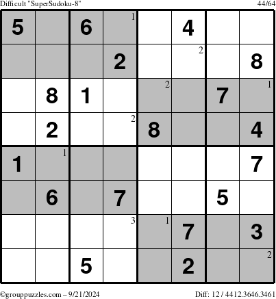 The grouppuzzles.com Difficult SuperSudoku-8 puzzle for Saturday September 21, 2024 with the first 3 steps marked