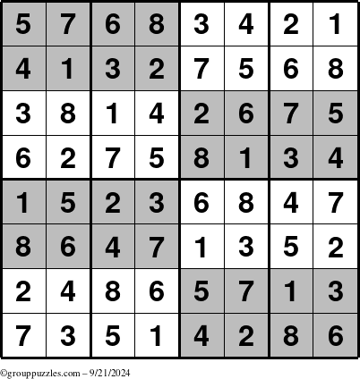 The grouppuzzles.com Answer grid for the SuperSudoku-8 puzzle for Saturday September 21, 2024