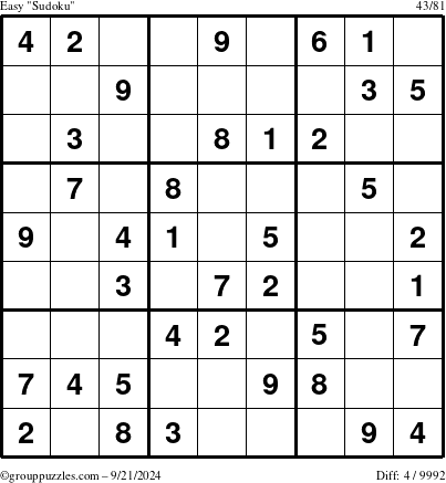 The grouppuzzles.com Easy Sudoku puzzle for Saturday September 21, 2024