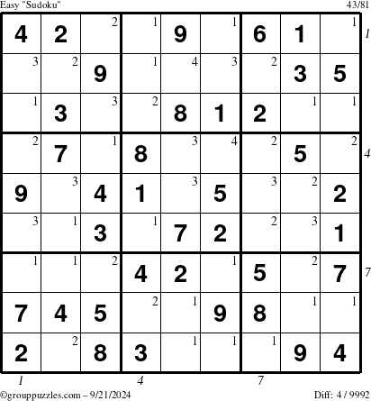 The grouppuzzles.com Easy Sudoku puzzle for Saturday September 21, 2024 with all 4 steps marked