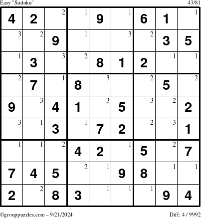 The grouppuzzles.com Easy Sudoku puzzle for Saturday September 21, 2024 with the first 3 steps marked