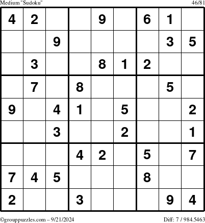 The grouppuzzles.com Medium Sudoku puzzle for Saturday September 21, 2024