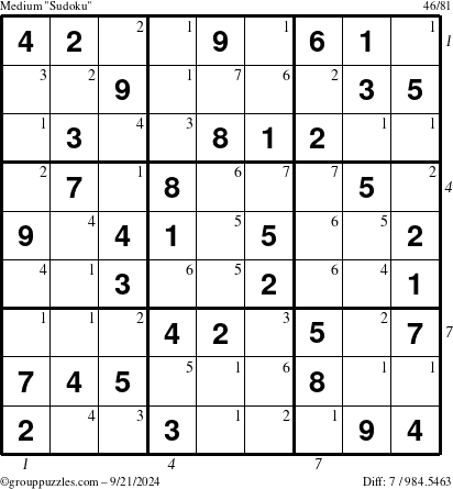 The grouppuzzles.com Medium Sudoku puzzle for Saturday September 21, 2024 with all 7 steps marked