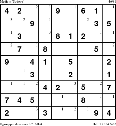 The grouppuzzles.com Medium Sudoku puzzle for Saturday September 21, 2024 with the first 3 steps marked