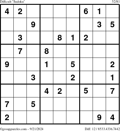 The grouppuzzles.com Difficult Sudoku puzzle for Saturday September 21, 2024