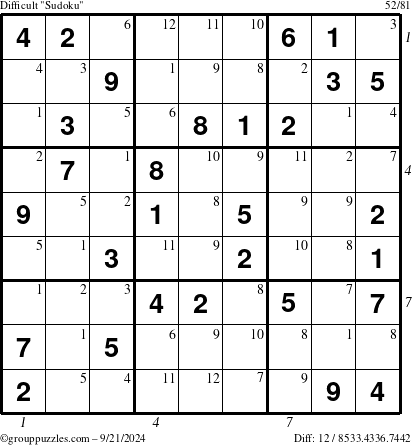 The grouppuzzles.com Difficult Sudoku puzzle for Saturday September 21, 2024 with all 12 steps marked