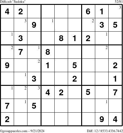 The grouppuzzles.com Difficult Sudoku puzzle for Saturday September 21, 2024 with the first 3 steps marked