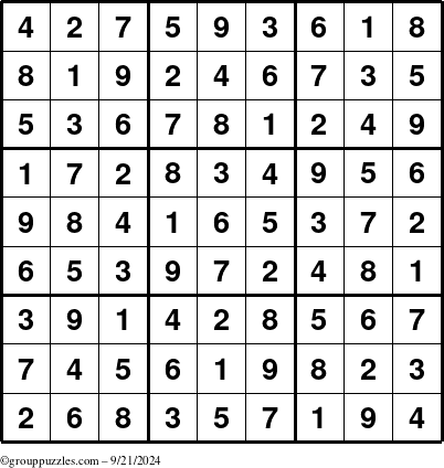 The grouppuzzles.com Answer grid for the Sudoku puzzle for Saturday September 21, 2024