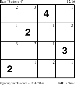 The grouppuzzles.com Easy Sudoku-4 puzzle for Saturday January 31, 2026 with the first 3 steps marked
