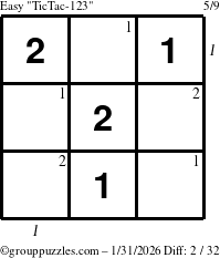 The grouppuzzles.com Easy TicTac-123 puzzle for Saturday January 31, 2026 with all 2 steps marked